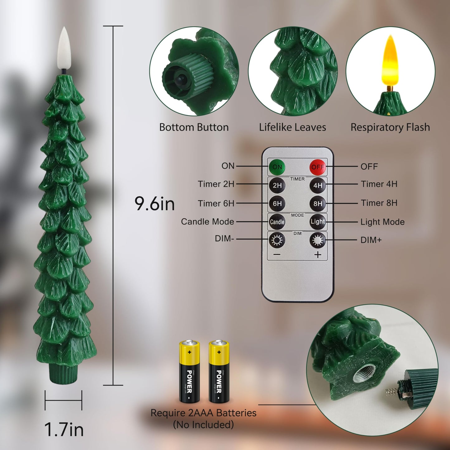 4 Pcs Christmas Tree Flameless Taper Candles with Timer Battery Operated Taper Candles Realistic Flickering Green LED Candle Red Tall ElectricTaper Candlesticks fo Halloween Home Decor festival Party