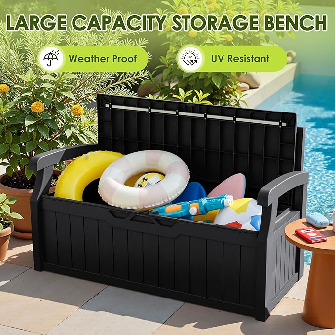 Greesum 80 Gallon Heavy-Duty Outdoor Storage Bench with Cushion, UV-Resistant Resin Bench with Armrest, Deck Box for Garden, Poolside, Patio, Black