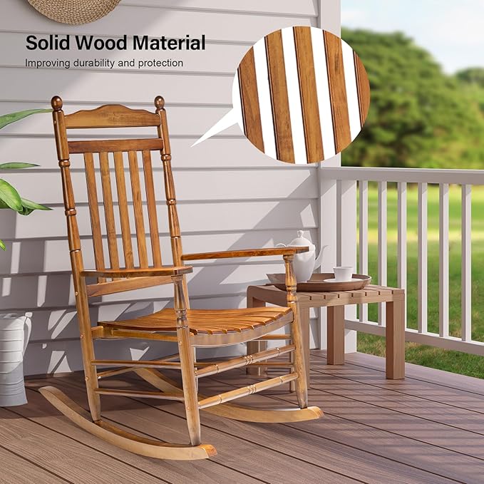 VINGLI Wooden Rocking Chair, Outdoor Chair with 450 lbs Support, Relaxing Rocker with Solid Wood High Back Seat Reclining Seat for Deck, Garden, Backyard, Porch, Indoor or Outdoor Use (Teak, 2PCS)