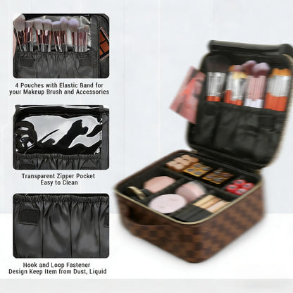 LEAFFUP Checkered Makeup Bag, Portable Makeup Bag with Adjustable Partition, Cosmetic Bags for Women Toiletry Travel Organizer Portable Make Up Bags for Christmas Birthday Gifts