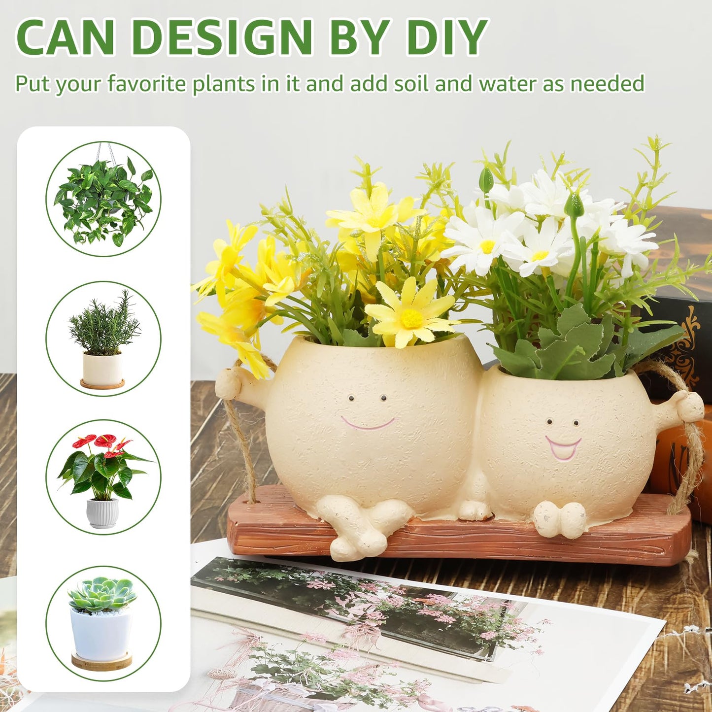 KarHoeGern Face Flower Pot Small Swing Face Hanging Planter Pots Swinging Succulent Cute Hanging Flower Pot Resin Head Planter for String Indoor Outdoor Plants Lovers Birthday
