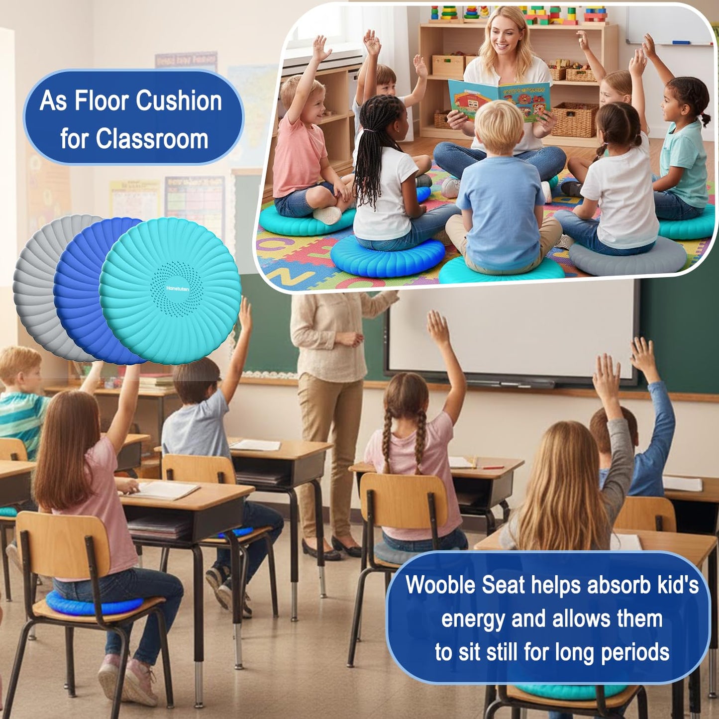 Hanstuten Wobble Cushion Core Balance Disc, Wiggle Seat for Sensory Kids to Stay Focused, Non-slip Balance Pads with Inflation Pump for Physical Therapy & Core Strength (1Blue)