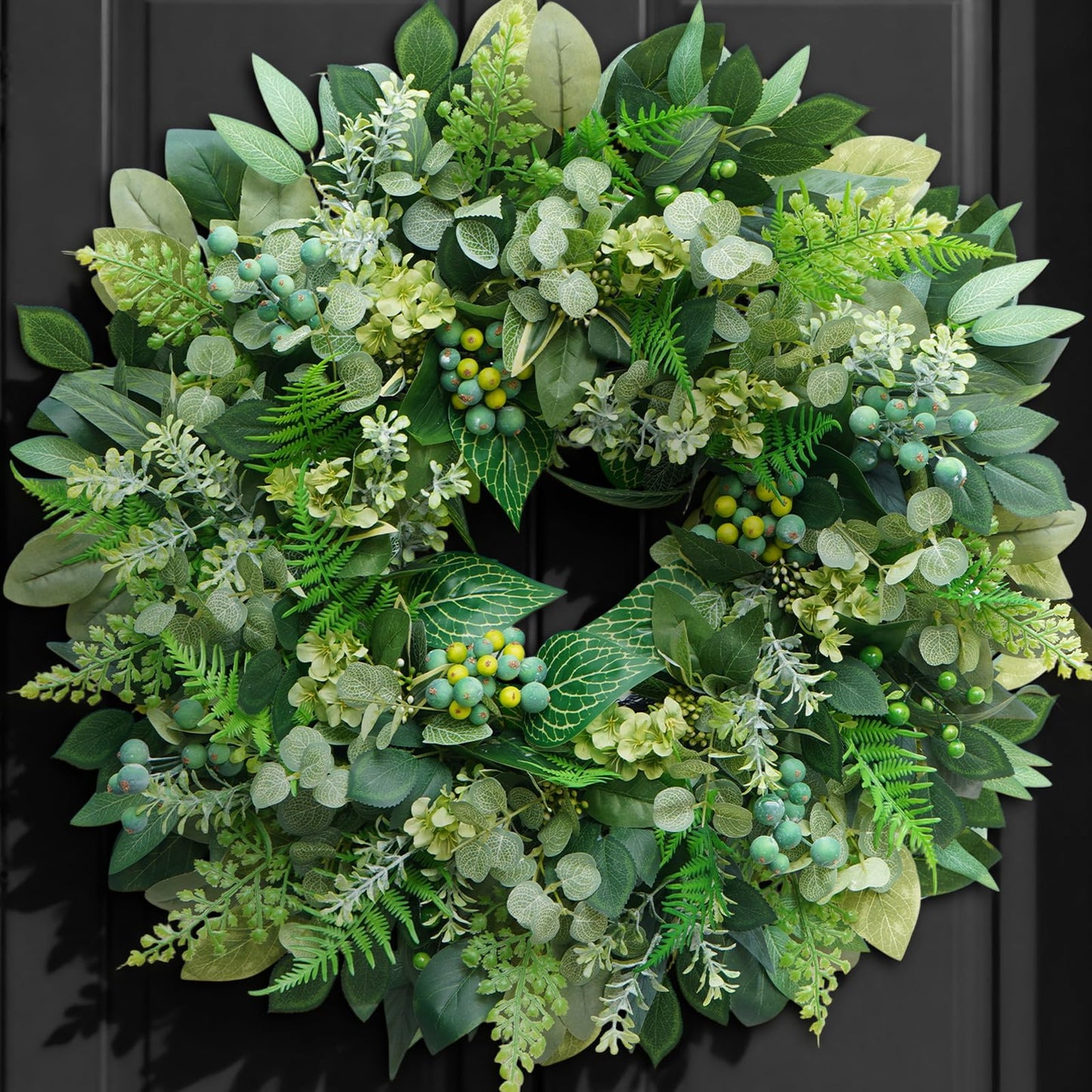 Rimalo 26 Inch Green Wreath for Front Door - Artificial Greenery Wreath with Berries, Indoor Outdoor All Season Year Eucalyptus Wreath for Farmhouse Home Decor, Spring Summer Fall Winter