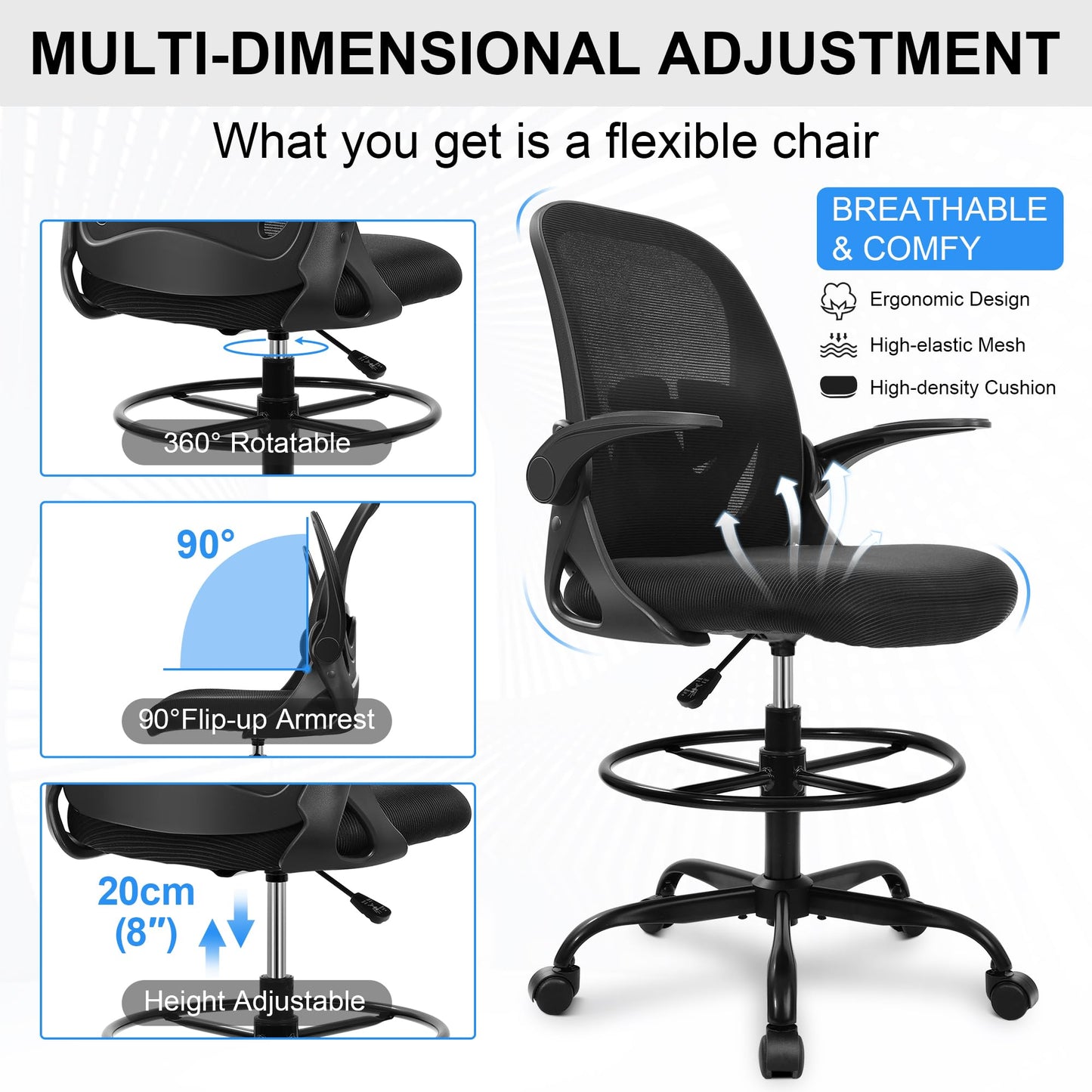 Primy Drafting Chair Tall Office Chair with Flip-up Armrests Executive Ergonomic Computer Standing Desk Chair with Lumbar Support and Adjustable Footrest Ring (Black)