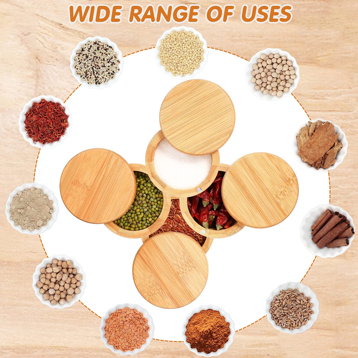 Patelai 4 Pieces Bamboo Salt Storage with Magnetic Swivel Lid Salt and Spice Storage Compartment Bamboo Pepper Box for Kitchen