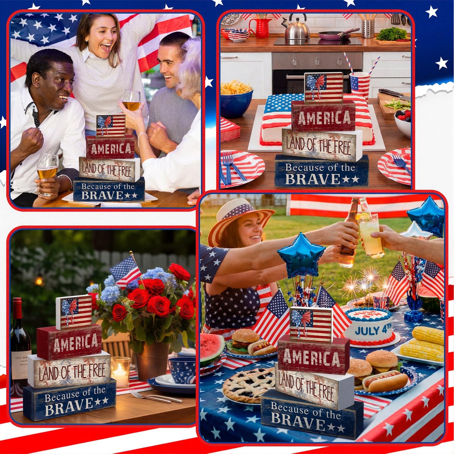 CroBlissful 4 Pcs 4th of July Decorations Patriotic Memorial Day Tabletop Decoration Red White Blue Table Centerpieces 250th Anniversary Wooden Fourth of July Sign for Office Tiered Tray Home Shelf
