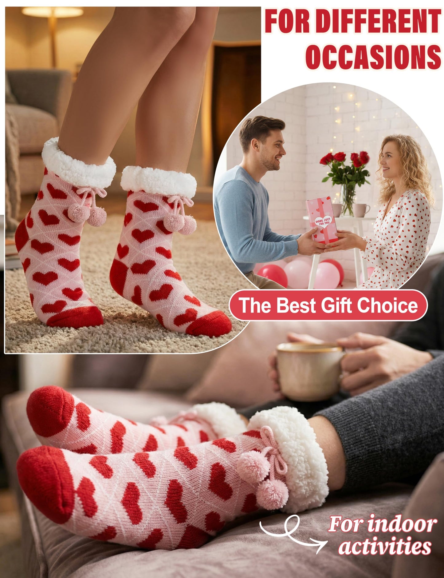 MOGGEI Fuzzy Slipper Socks for Women Galentines Day Gifts Fluffy Thermal Warm Winter Thick Cozy Non Slip Grips Plush Cabin Comfy Heart Socks Stocking Stuffers