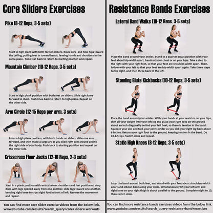 Thirty48 Gliding Discs Core Sliders and 5 Exercise Resistance Bands | Strength, Stability, and Training for Home, Gym, Travel | User Guide & Carry Bag