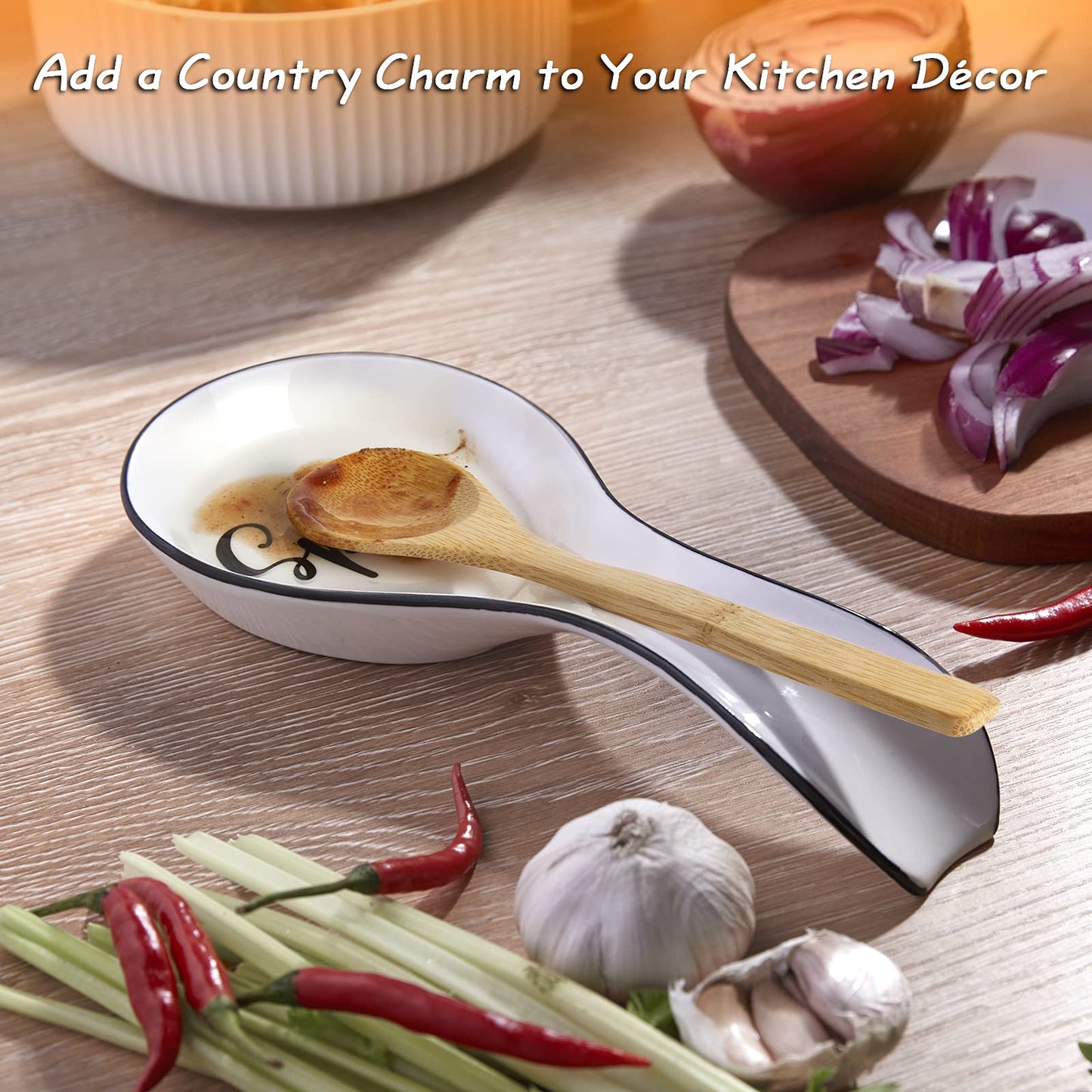 Ceramic Spoon Rest for Stove Top, DAYYET Large Spoon Holder, Farmhouse Spoon Rest for Kitchen Counter, White Bundle Farmhouse Salt and Pepper Bowls, 10 oz Ceramic Salt Cellar with Wooden Lid