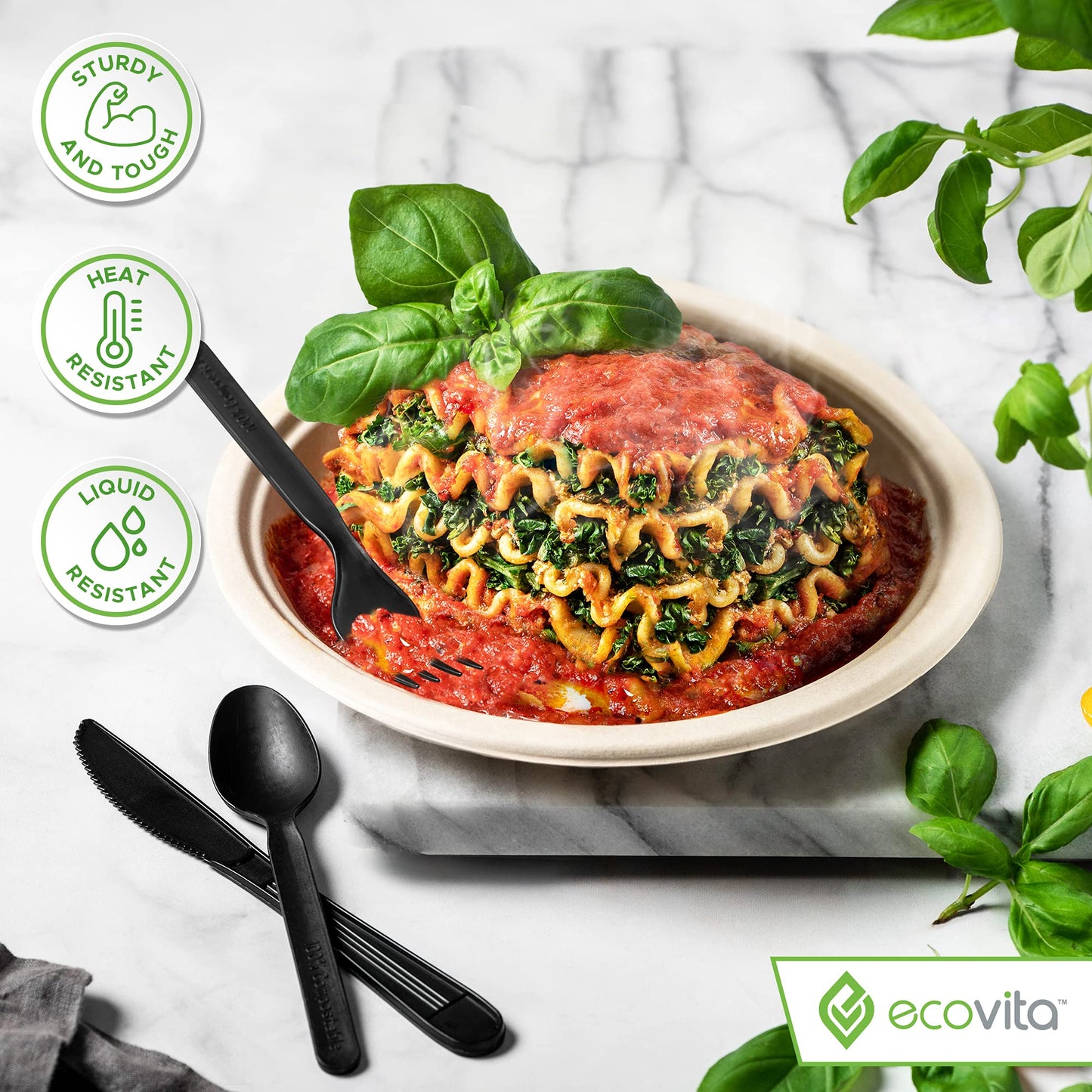 Ecovita 100% Compostable Forks Spoons Knives Cutlery Combo Set - 380 Large Disposable Utensils (7 in.) Eco Friendly Durable and Heat Resistant Alternative to Plastic Silverware with Convenient Tray