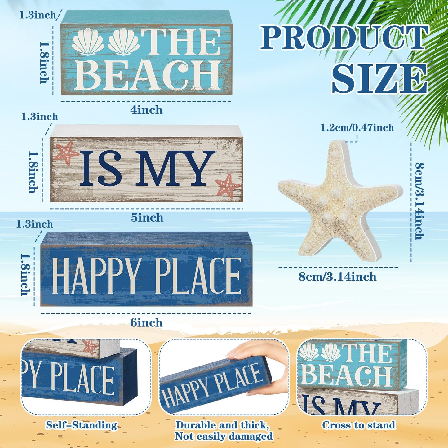 Moucuny 4 Pcs Summer Table Decoration Beach Tiered Tray Decor Starfish Coastal Rustic Wooden Block Sign Gifts Blue and White Ocean Centerpieces Farmhouse Beach Nautical Decor for Home Shelf Mantel