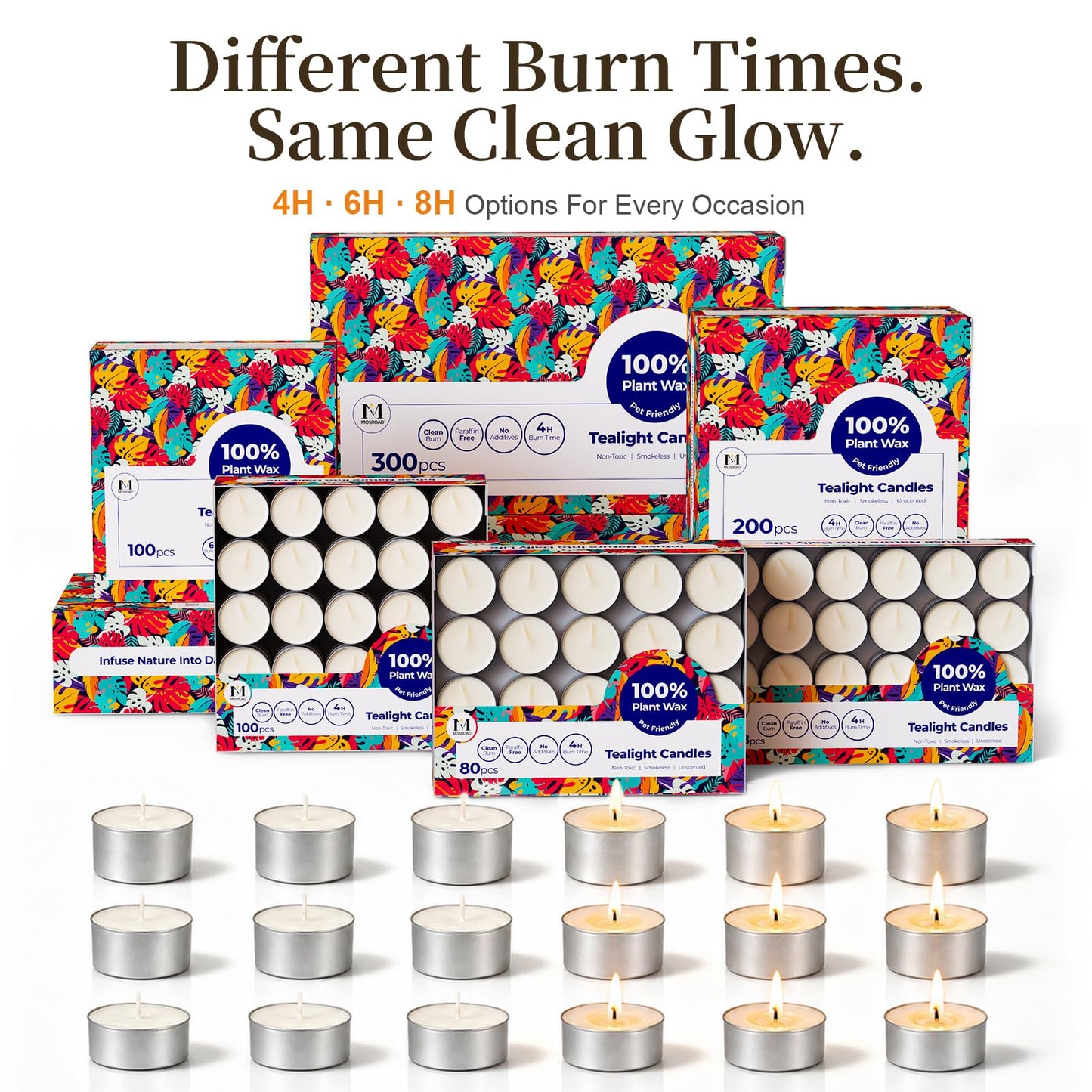 MOSROAD Tea Lights Candles 200 Pack, 4 Hour Palm Wax White Tealight Candle Bulk for Home, Natural Unscented Small Votive Candles for Wax Warmer, Smokeless Tea Light for Wedding, Shabbat, Emergency