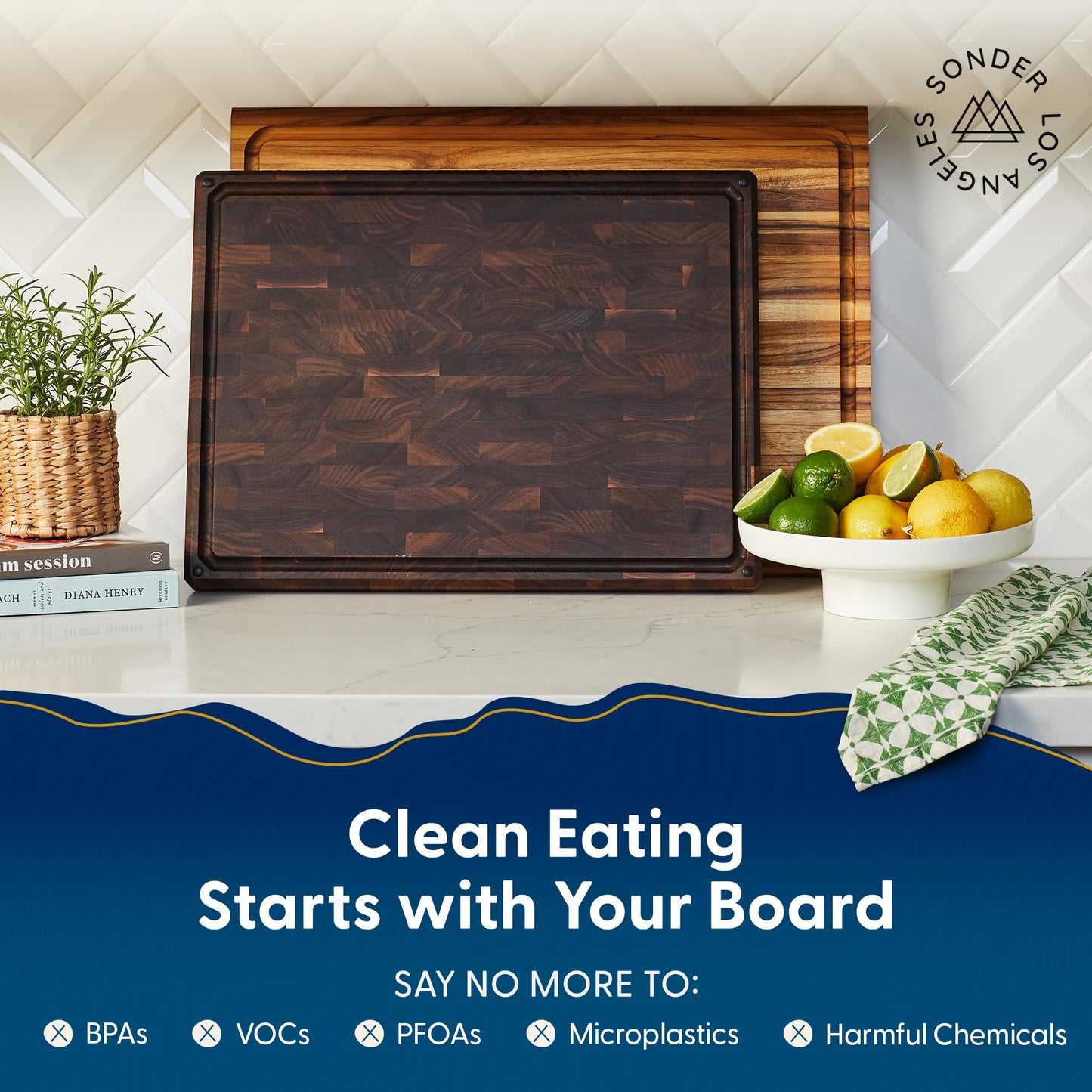 Sonder Los Angeles Welton Cutting Board Made in USA | Black Walnut End Grain Cutting Board for Kitchen with Non-Slip Feet & Juice Groove | Gift Box Included | 20x15x1.5 in