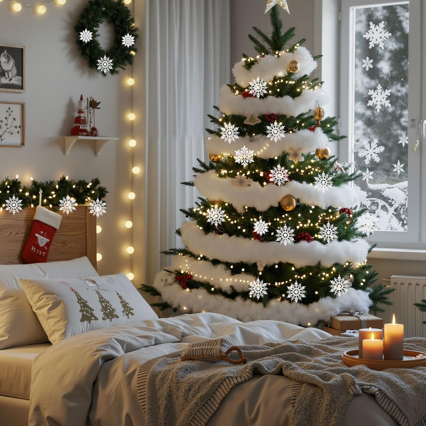 Soulchen Winter Tree Decoration Set 36 Pcs White Snowflake Ornament 11.3 oz Artificial Fluffy Snow Fake Cloud Plastic Glitter Snowflake Hanging for Wreath Garland Holiday Indoor Outdoor Wonderland