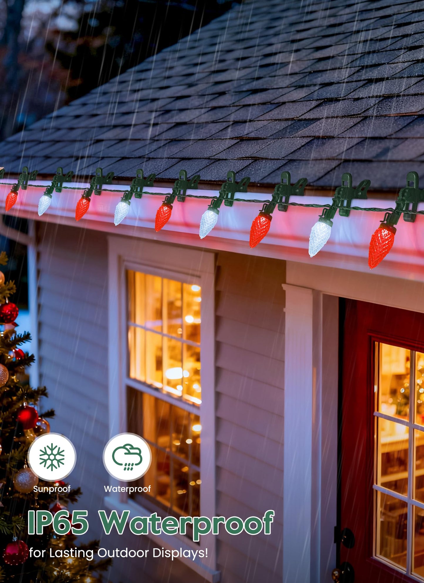 C9 LED Christmas Lights Outdoor, 99 Feet 150 LED C9 String Lights with 150 Spring Clips, Waterproof Connectable Christmas Tree Lights for Outside Roofline Patio Home Xmas Decor, Red & Pure White