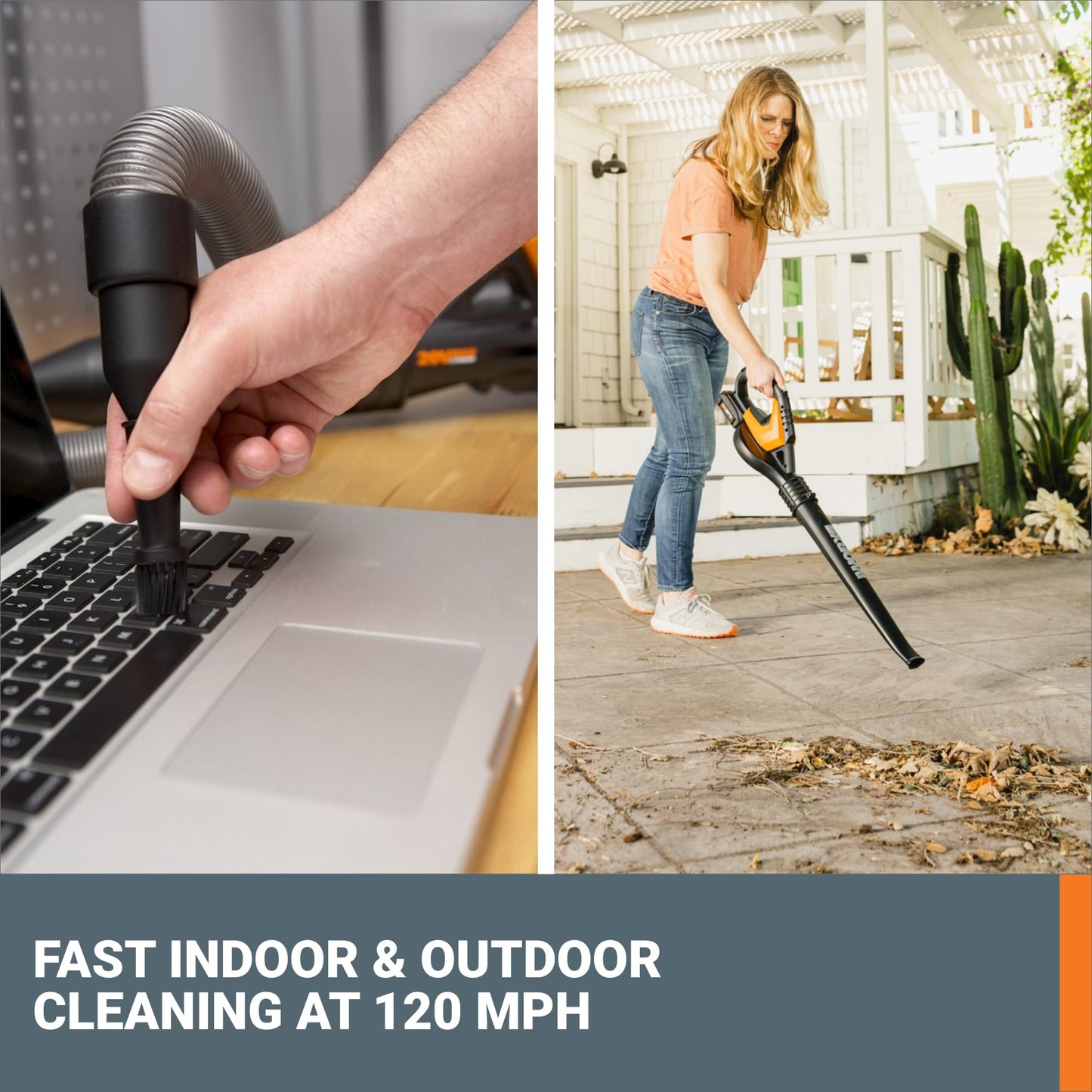WORX Cordless Leaf Blower, Electric Blowers for Lawn Care with 120 MPH & 3.5 LBS, Long Nozzle Design for Narrow Spaces with Cleaning Attachments, Battery & Charger Included, WG545.1