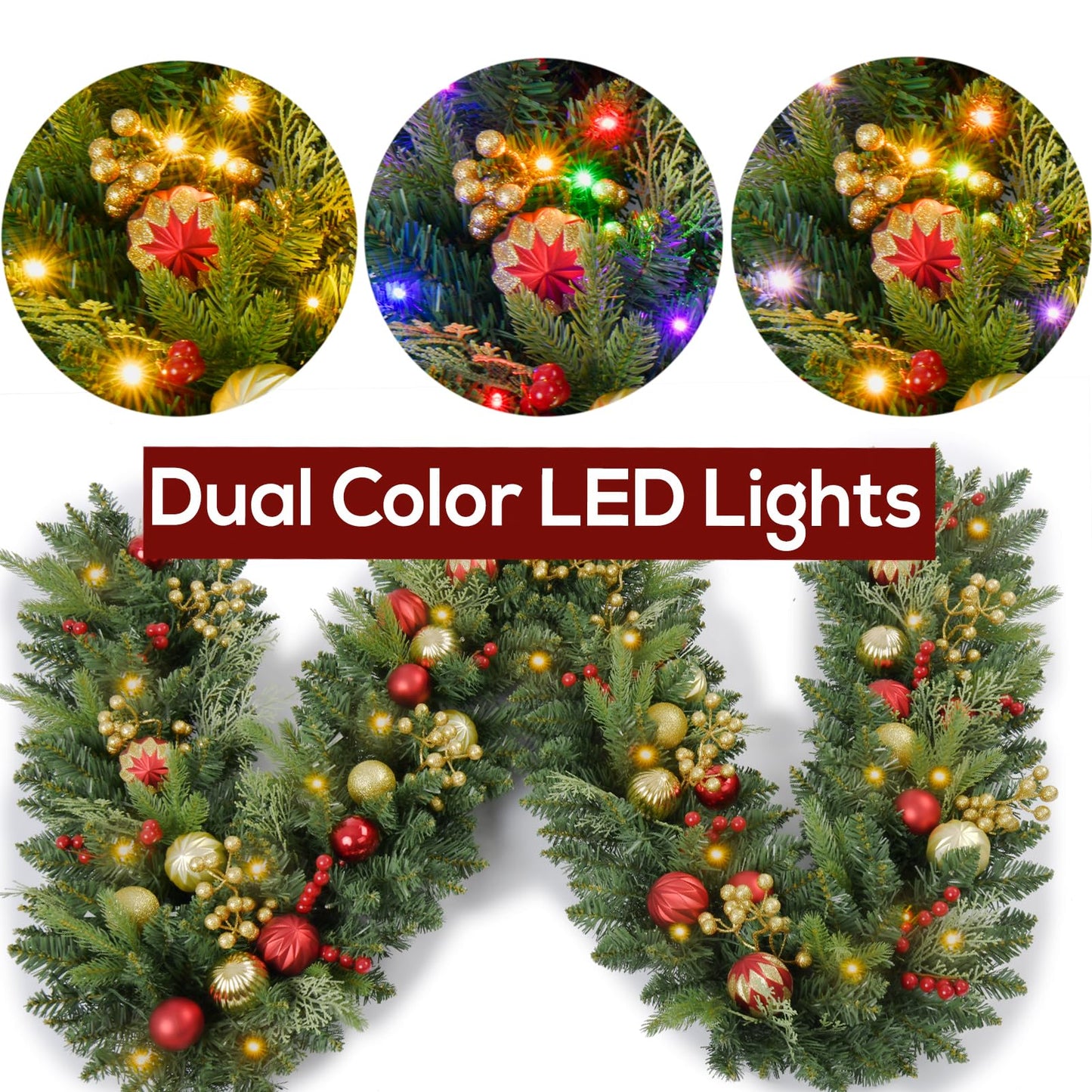 9FT Prelit Artificial Christma Garland with Dual Color LED Lights and Timer by Remote Control and Batteries Operated, Home Mantle Stairs Railing Fireplace Outdoor Indoor Wall