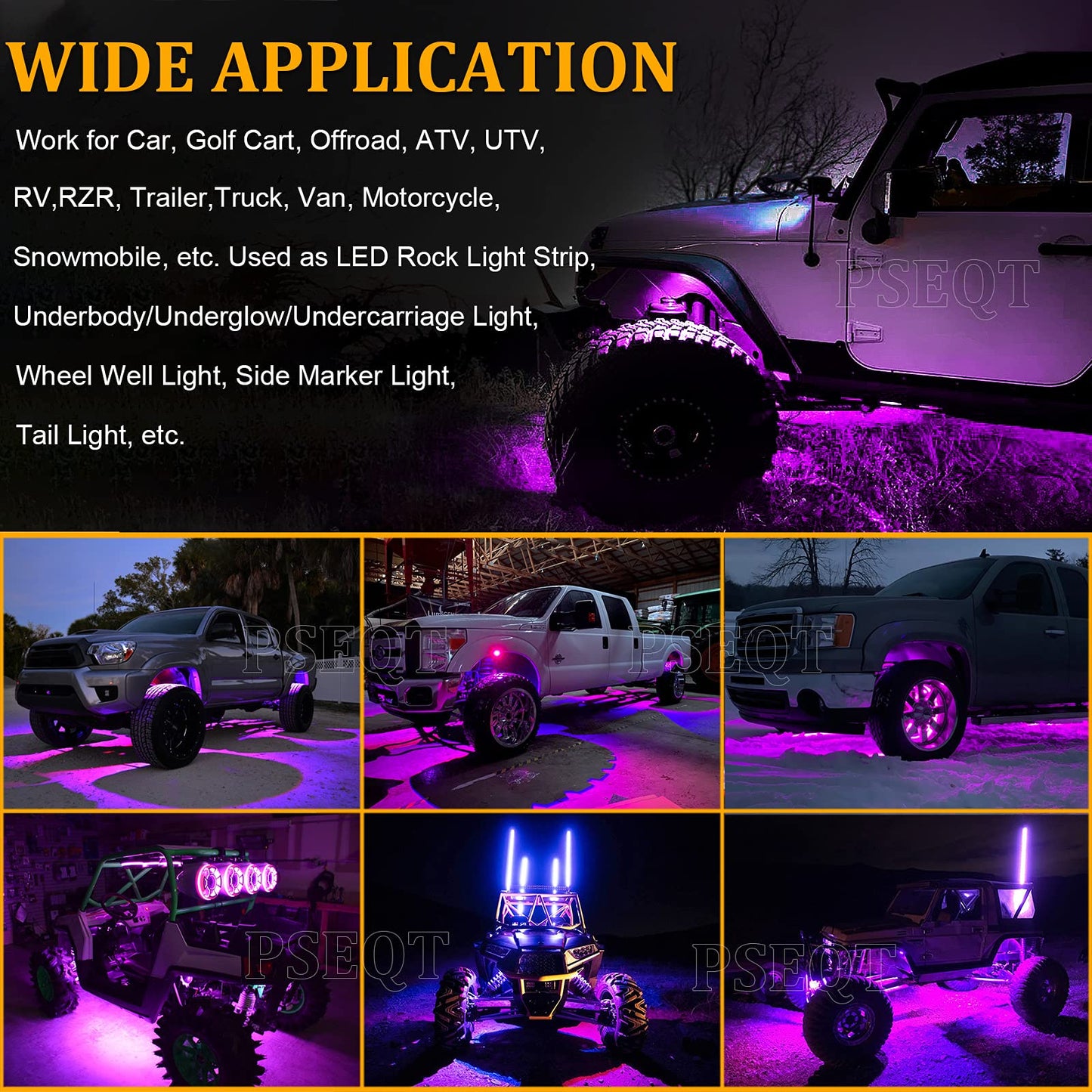 PSEQT 10Pcs LED Rock Strip Lights Car Exterior Underglow Wheel Fender Well Lighting Kits Waterproof for Golf Cart Wrangler Offroad Truck RV UTV ATV Snowmobile (Purple)