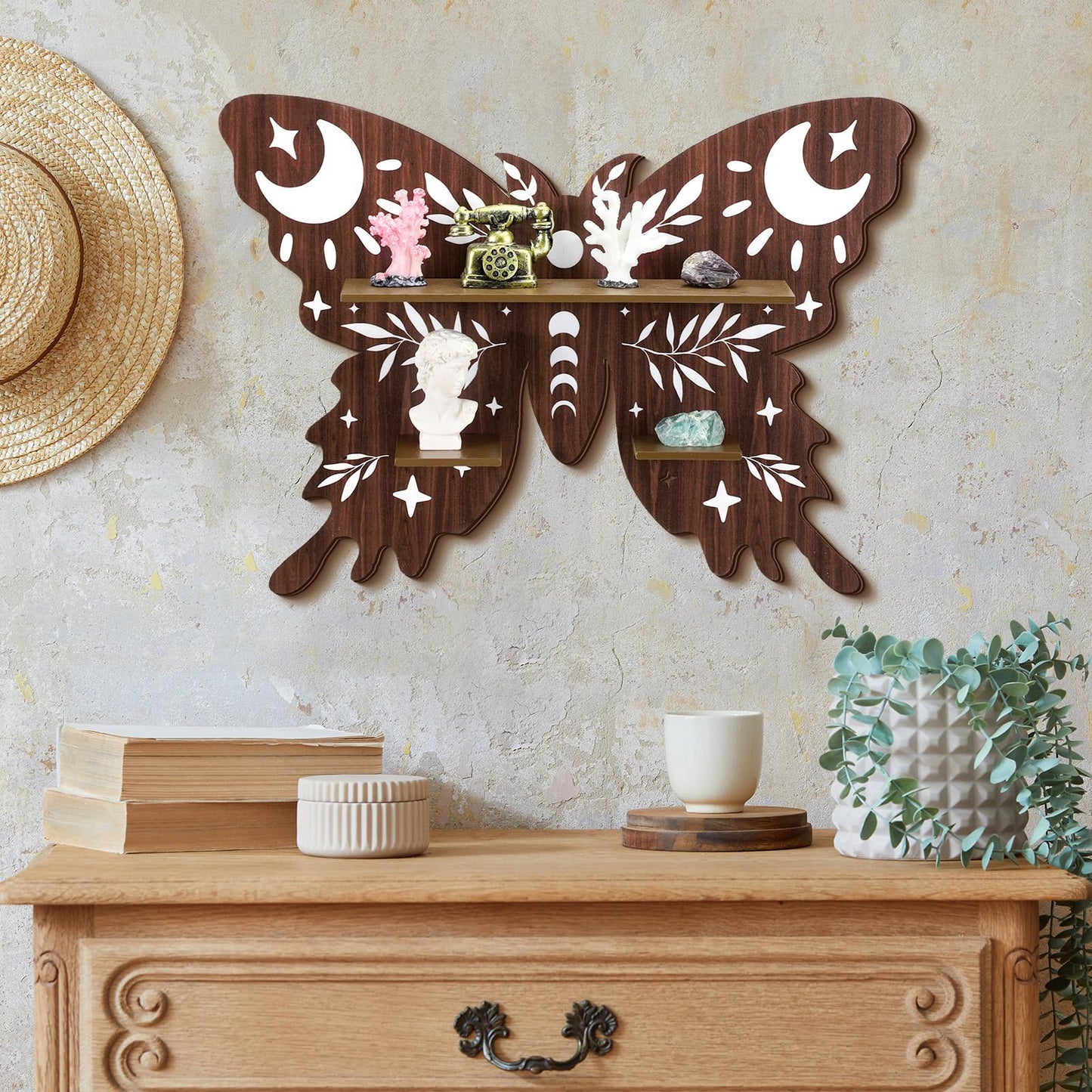 Kigley 3 Pcs Luna Moth Crystal Shelf Display Boho Wood Wall Floating Shelves Butterfly Heart Crystal Shelf Moon Decor for Gem Stone Essential Oil Storage Witchy Home Rustic Decor (Butterfly)