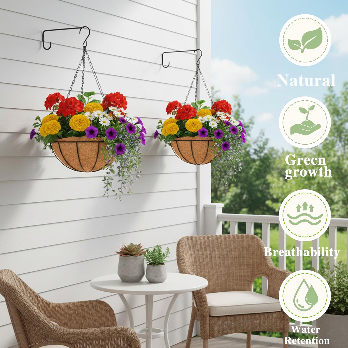 EIMQUVW Outdoor Metal Hanging Planters Basket (4pack, 12 inch) Hanging Baskets for Plants Chain Round Wire Plant Holder with Coco Fiber Liners for Garden, Patio, Deck, Porch