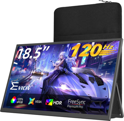 Portable Monitor 18.5” | 120HZ 1ms Gaming Monitor | 125% sRGB | FreeSync, HDR | 350Nits | USB-C & HDMI | VESA & Kickstand | Large Travel External Second Screen for Laptop, Switch, Game Consoles