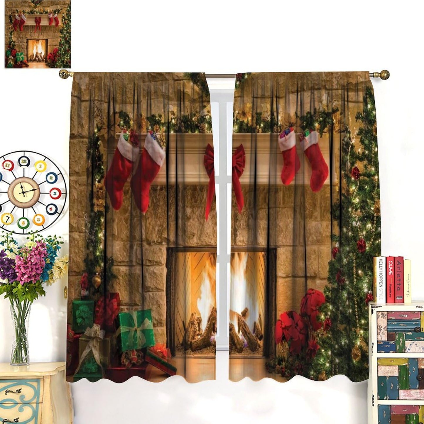 FengMingRui Merry Christmas Curtains Fireplace Christmas Socks Christmas Tree Blackout Window Treatment for Bedroom Living Room Decor Art Printed Window Drapes 52" W X 84" L