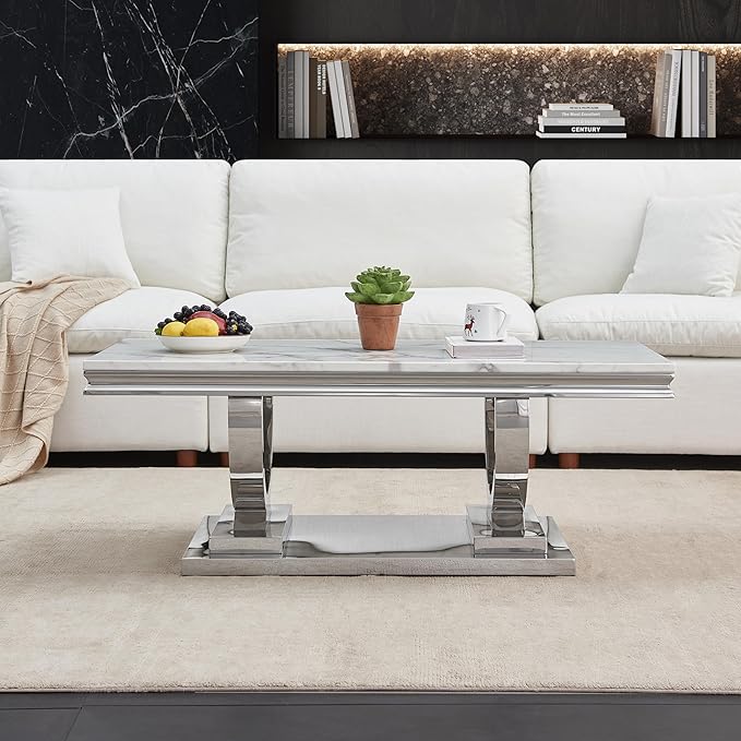 Henf 47" Marble Coffee Table Modern White Faux Marble Center Table