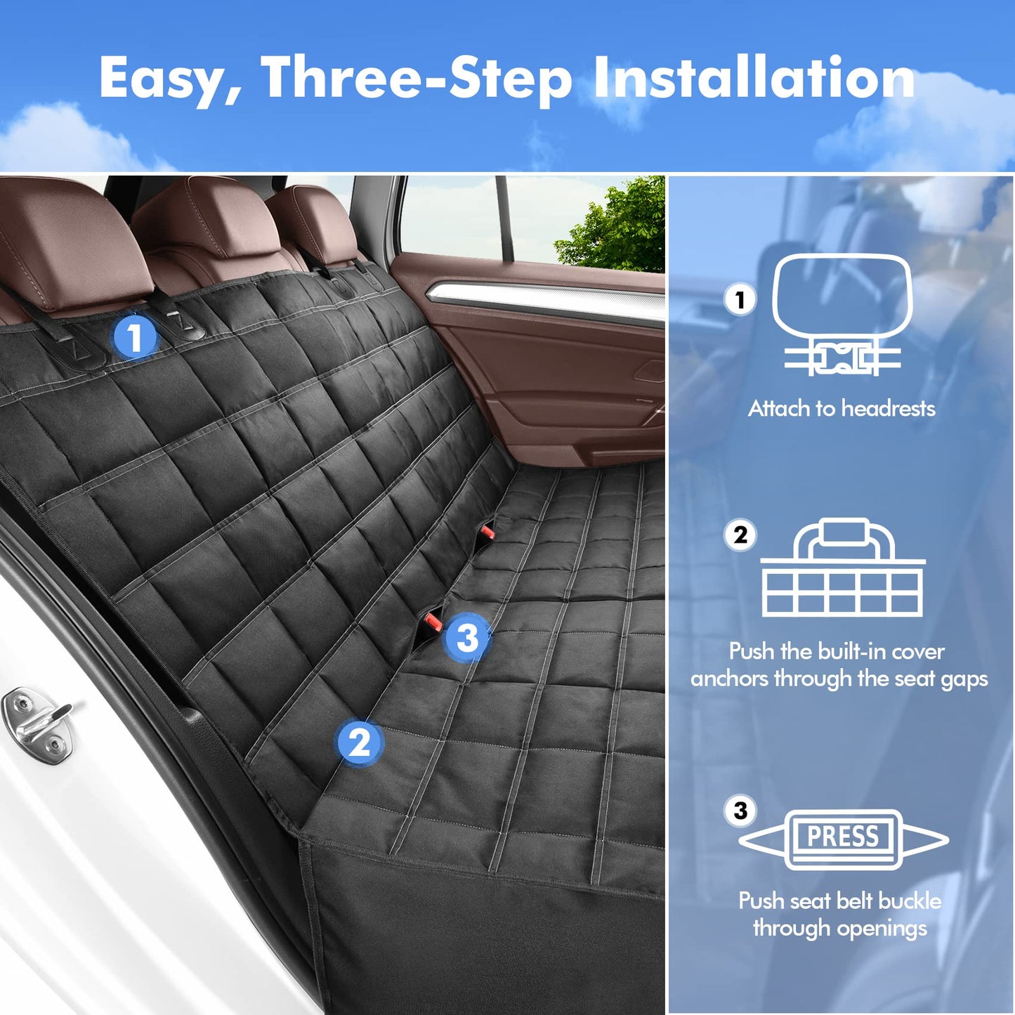 Dog Car Seat Cover 4-in-1, 100% Waterproof Dog Car Hammock, Durable Scratchproof Nonslip Back Bench Cover for Dogs with Seat Anchor, Machine Washable, Universal fits Trucks SUV