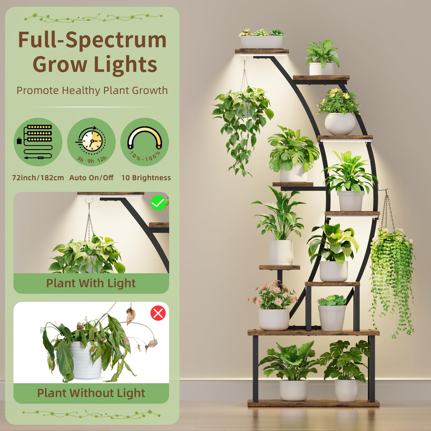 BACEKOLL Plant Stand Indoor with Grow Lights, 63" Tall Indoor Plant Shelf, 9 Tiered Corner Plant Holder, Large Flower Display Shelf for Living Room, Bedroom, Office, Home Decor