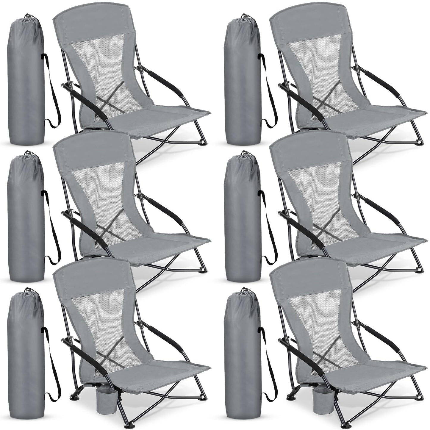 Menkxi 6 Pack Low Beach Chairs for Adults, Portable Folding Sand Chairs with Cup Holder and Carry Bag, Lightweight High Back Camping Chair for Beach Trips, Concerts, BBQ, Lawn, Outdoor (Dark Grey)
