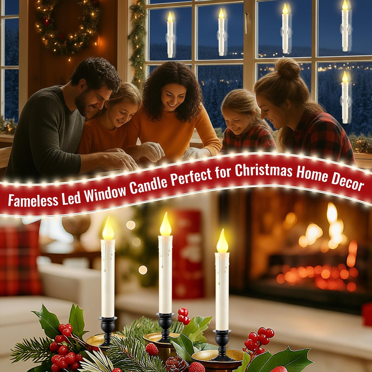 12 Pack Battery Operated Window Candles with Sensor Dusk to Dawn, Ivory Flameless Taper Candlesticks with Removable Black Base & Suction Cups, LED Candlestick for Christmas Decor Home, 24 AA Batteries