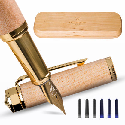 Ellington Pens Luxury Wood Fountain Pen Set – Fine Nib - Includes Wooden Pen Gift Box, Ink Converter, 6 Ink Cartridges – Wood Pen For Writing, Calligraphy, Journaling, Drawing (Maple Harmony)