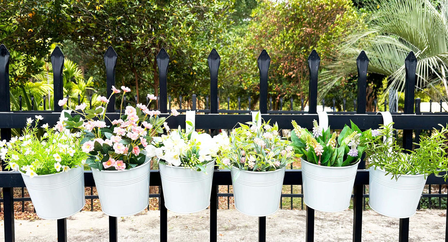 Joyfernal 6 Pack Hanging Flower Pots, 6" White Metal Balcony Planters for Herb Succulent, Samll Railing Fence Hanging Bucket for Outdoor/Indoor Decoration (White, Pack of 6)