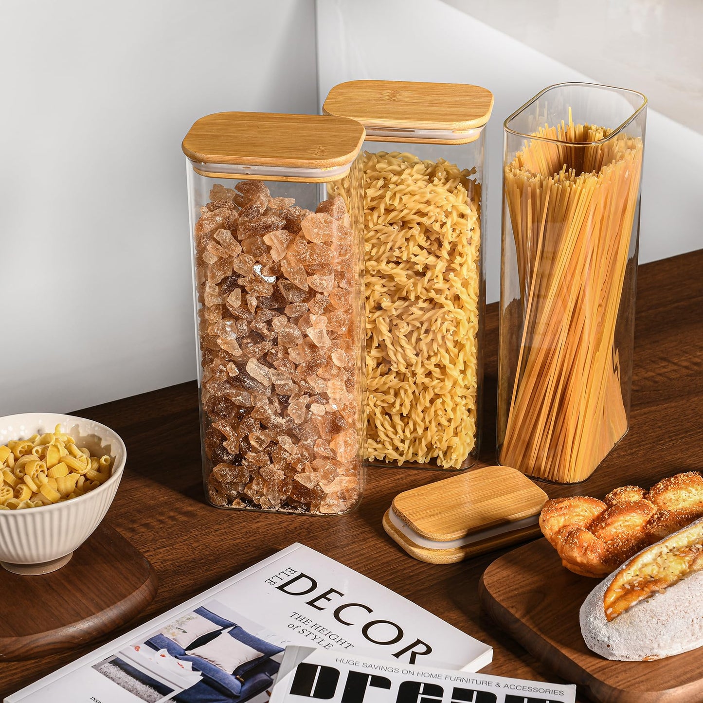 D2scrma 71oz Rectangle Airtight Glass Storage Containers with Bamboo Lids (Set of 3), Square Food Storage Jar, Pantry Organizers for Sugar, Flour, Spaghetti and Coffee beans (‎with Black Lable)
