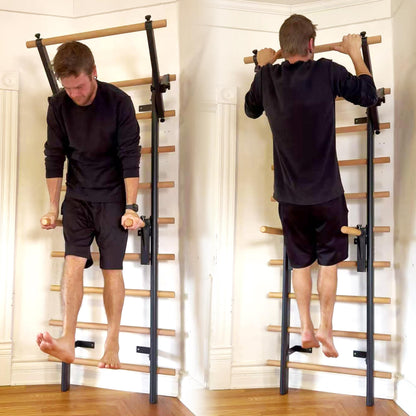 PreGymnastic Stall Bars, Swedish Ladder for Adult and Kids, Wall Bar with Solid Beech Wood Rods, Durable Steel Frame, Adjustable Pull Up and Dip for Strength, Flexibility at Home Gym, Studio
