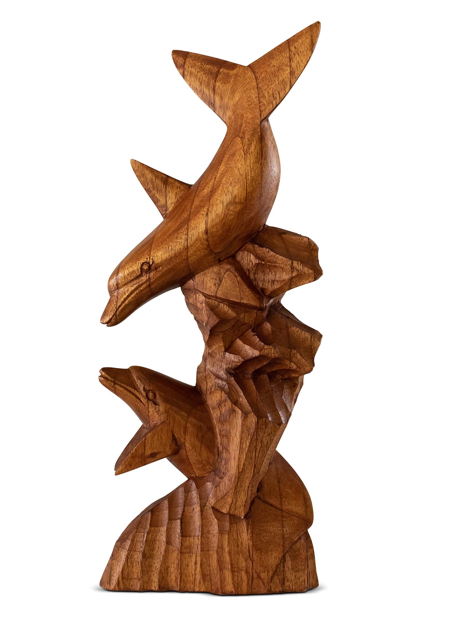 G6 Collection Wooden Hand Carved Dolphin Statue Sculpture Wood Decorative Home Decor Accent Figurine Handcrafted Handmade Seaside Tropical Nautical Ocean Coastal Decoration (2 Dolphins on Coral, 12")