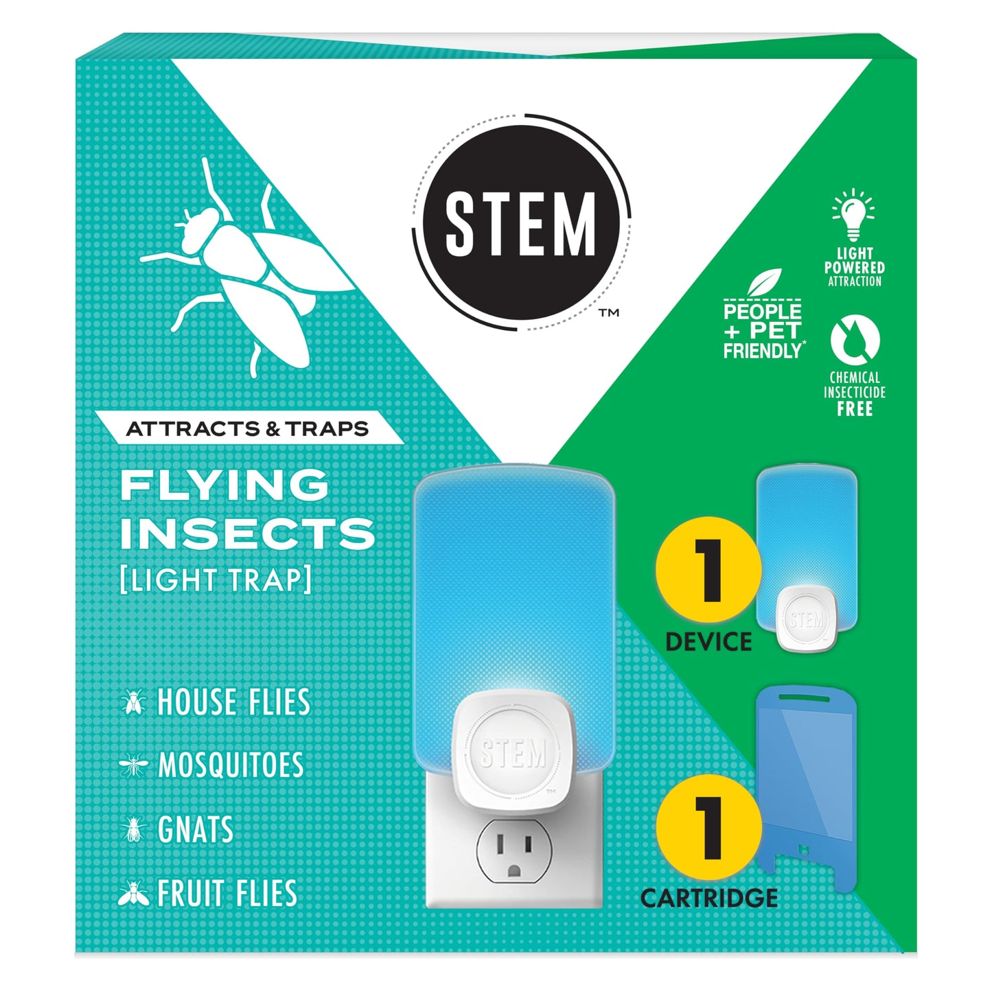STEM Light Trap: Indoor Fruit Fly Trap, Effective Insect Control for Home, Attracts and Traps Flying Insects, Emits Soft Blue Light, Starter Kit with 1 Plug-In Device and 1 Cartridge