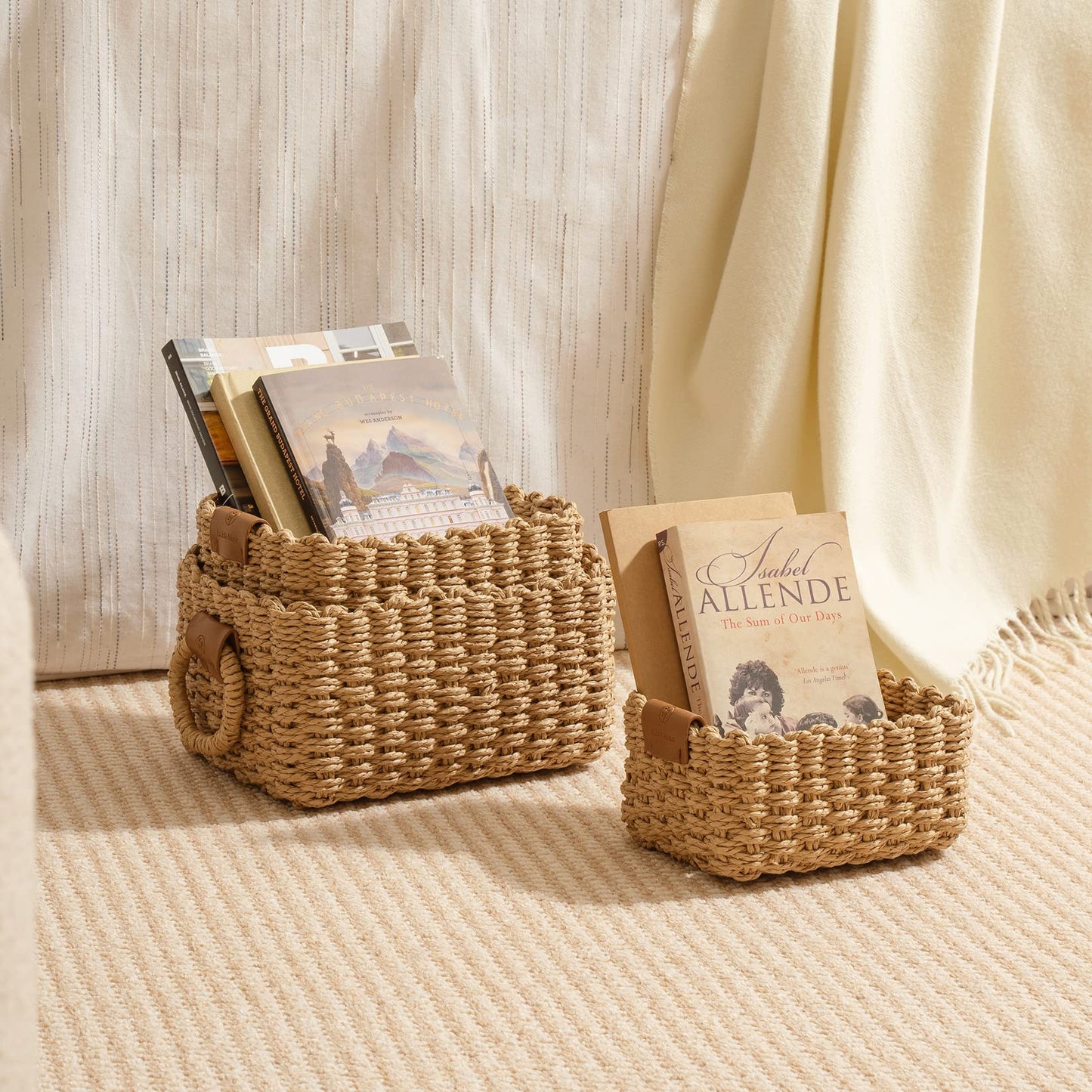 La Jolíe Muse Woven Wicker Storage Baskets, Paper Rope Storage Boxes Bin Organizer Divider for Cupboards Drawer Closet Shelf Dresser, Set of 3 (Desert)