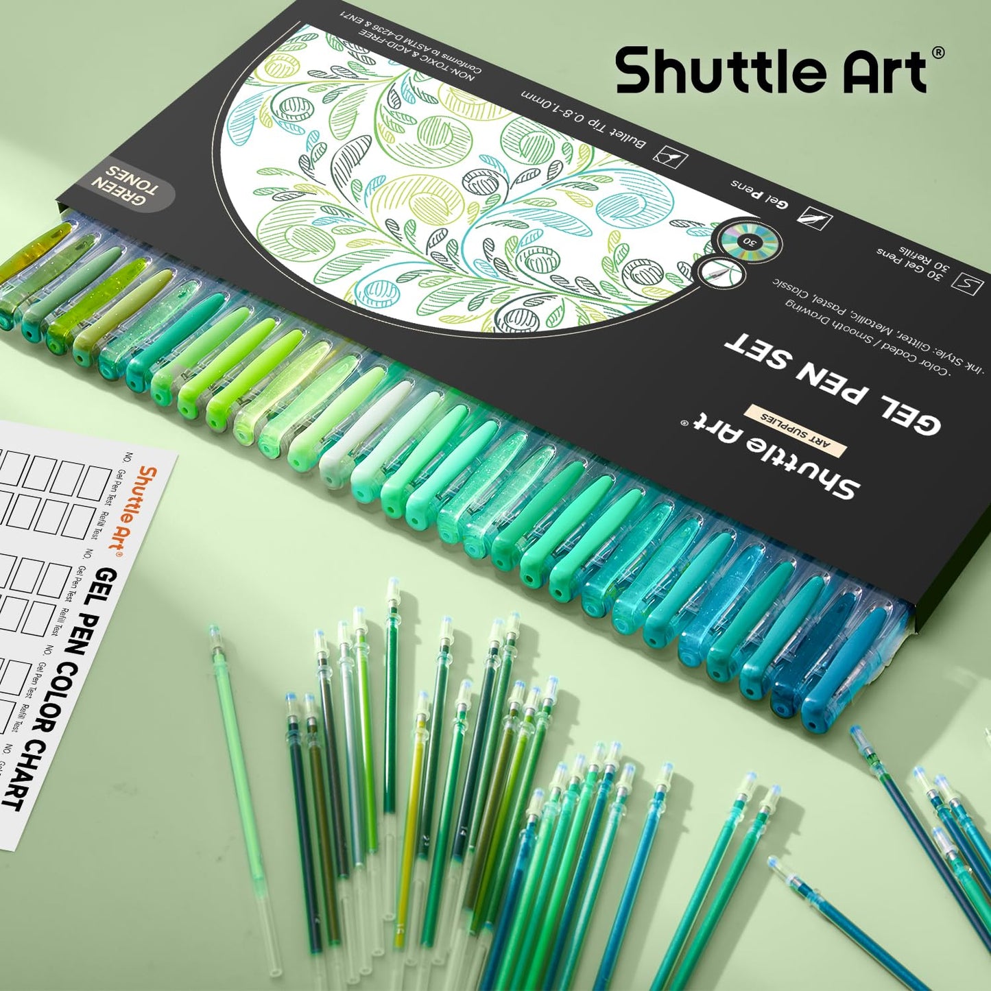 Shuttle Art 60 Pack Green Tone Gel Pens, 30 Green Tone Gel Pens with 30 Refills for Adults Coloring Books Journaling Drawing Nature, Landscapes, Animals Scenes