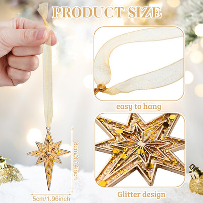 Soulchen 8 Pcs Christmas in July Bethlehem Star Ornament 3.15 x 1.97 Inch Metal Glitter Star of Bethlehem Ornaments Summer Christmas Tree Topper Nativity Decor for Xmas Party Decor(Gold)