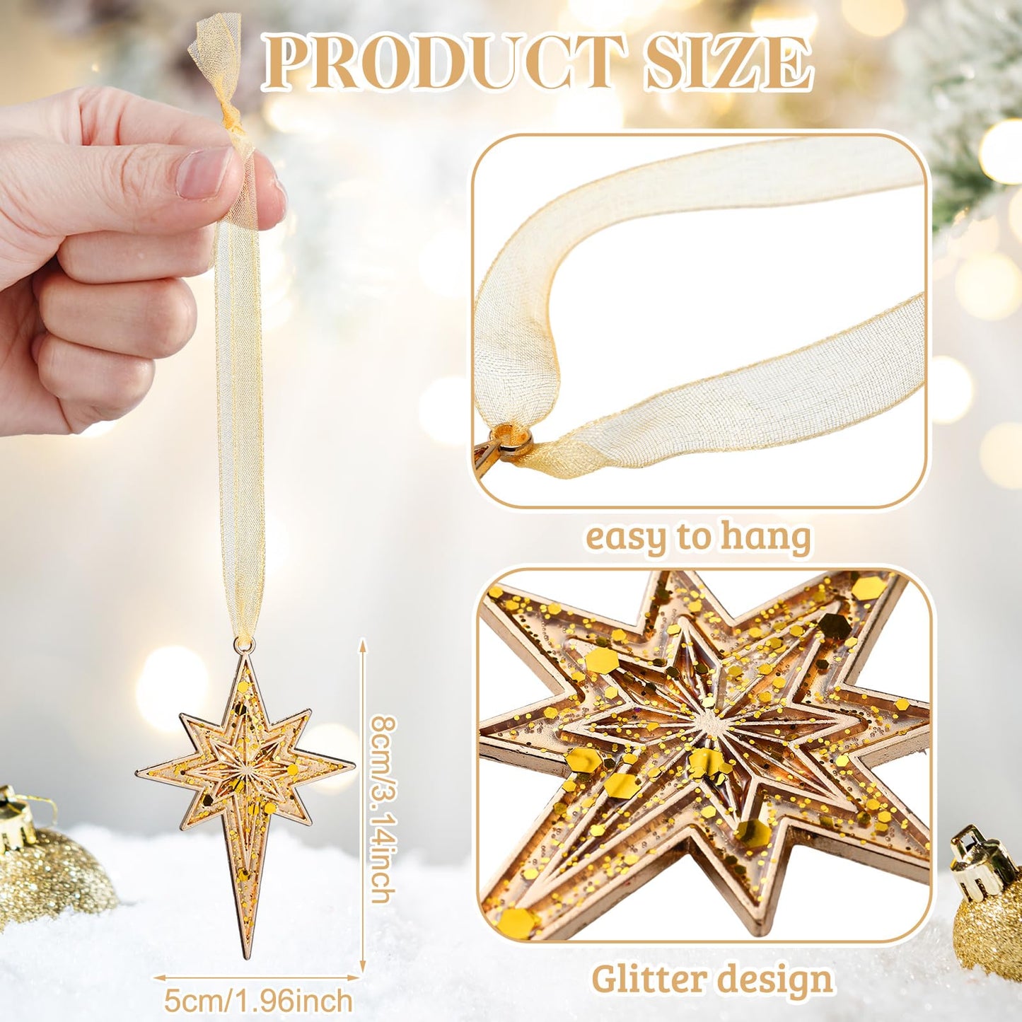 Soulchen 8 Pcs Christmas in July Bethlehem Star Ornament 3.15 x 1.97 Inch Metal Glitter Star of Bethlehem Ornaments Summer Christmas Tree Topper Nativity Decor for Xmas Party Decor(Gold)