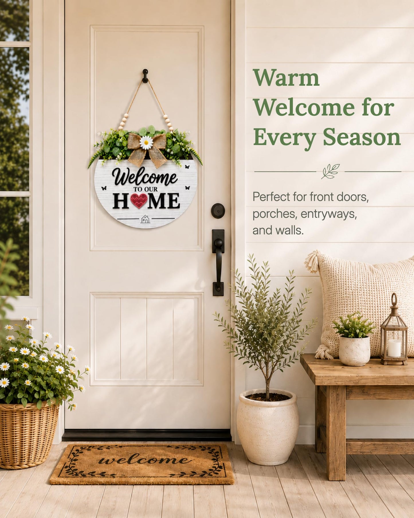 Interchangeable Welcome Sign for Front Door, Round Farmhouse Door Hanger with 12 Changeable Seasonal Magnets, Welcome to Our Home Porch Decor, Rustic Wood Look Wall Sign for Entryway and Housewarming Gift