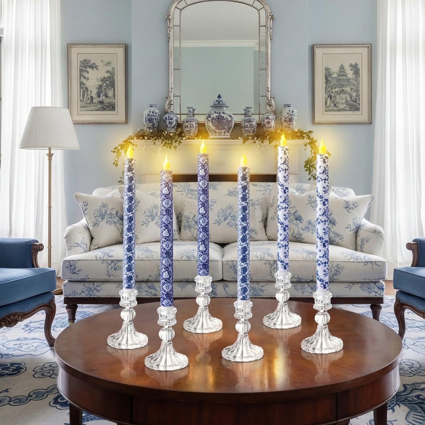 Baquler 6 Pcs Chinoiserie Flameless Candles Coastal Chinoiserie Decor 10.6 Inch Blue and White Battery Operated Led Candlesticks for Holiday Wedding Party Summer Table Centerpiece Home Mantel Decor