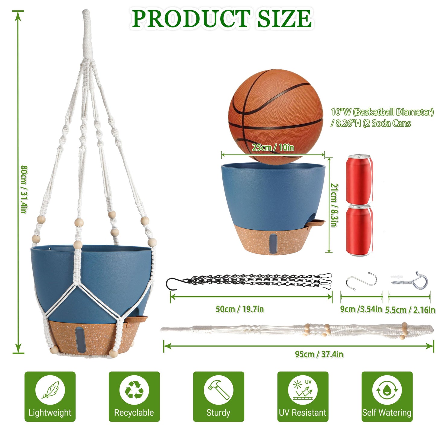 Fielda Hanging Planter Self Watering 10 Inch, 2 Pack Hanging Baskets for Plants, Hanging Flower Pots with Drainage Hole & 2 Kinds of Plant Hangers for Garden Home Decor (Navy Blue, 10 Inch)