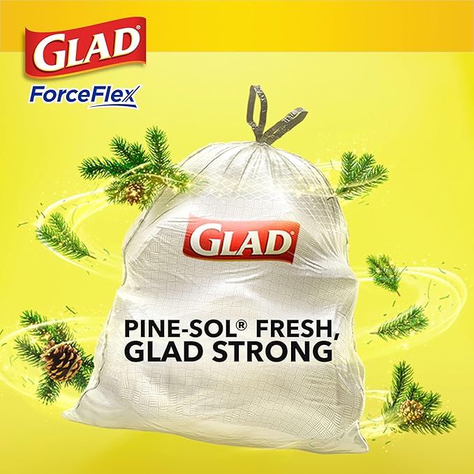 Glad ForceFlex Tall Kitchen Drawstring Trash Bags, 13 Gal, Pine-Sol Original
