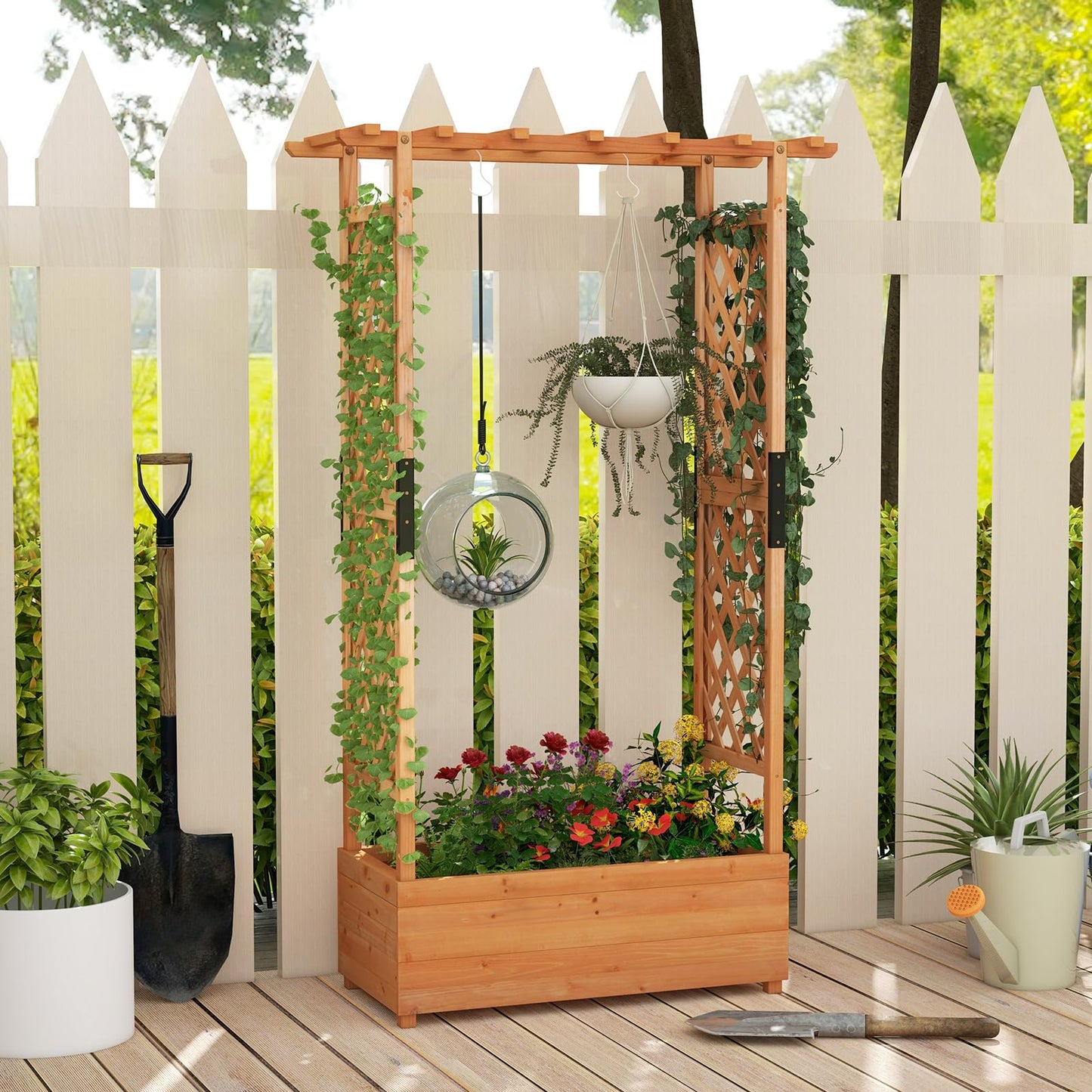S AFSTAR 72-Inch Raised Garden Bed with Arch Trellis, Hanging Roof & Drainage Holes, Vertical Plant Container for Vine Climbing Plant Flower, Indoor Outdoor Wood Elevated Planter Box for Garden Patio