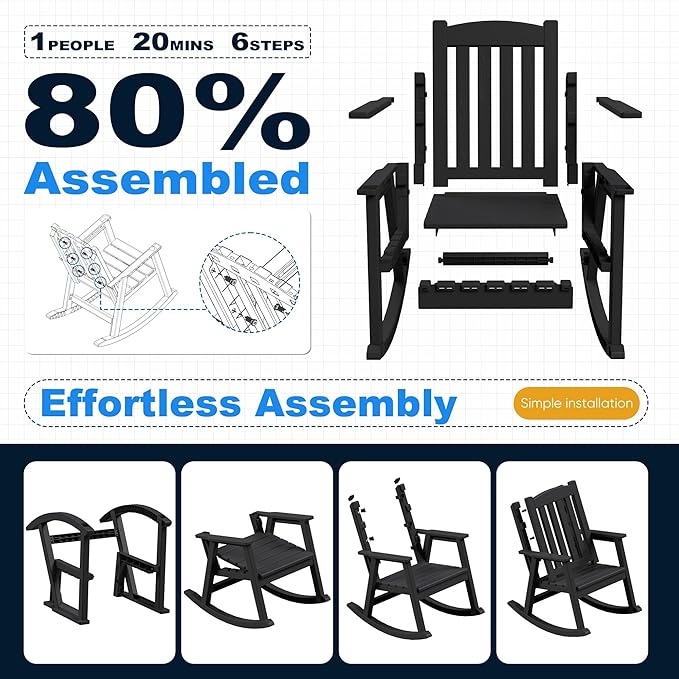 Devoko PP Material Rocking Chair Outdoor Indoor All Weather High Back Patio Rocker for Adult Heavy Duty Rocking Chair for Patio Backyard Porch Garden (Heavy Duty, Black)