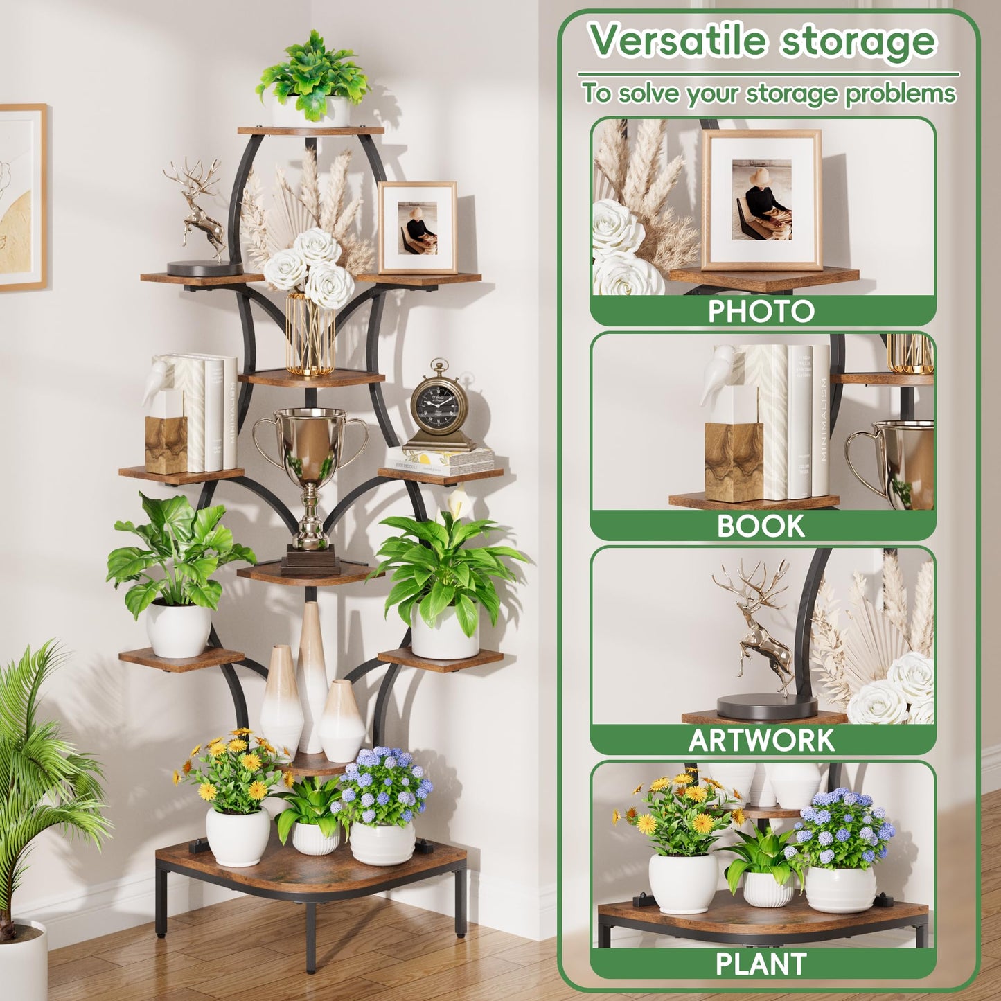 LATIBELL 72'' Tall Corner Plant Stand Indoor with Grow Light - 8 Tiered Metal Plant Shelf for Indoor Plants, Curved Display Rack Capable of Holding Large Pots in Living Room, Patio & Balcony, Black