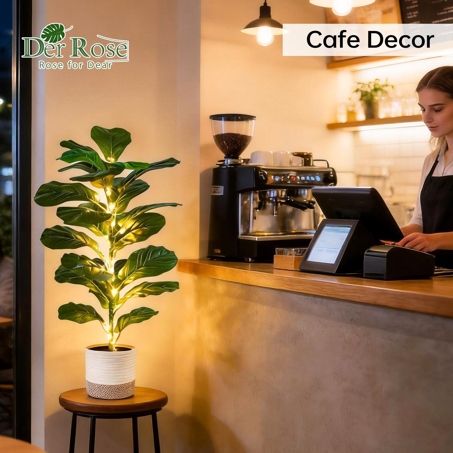 Der Rose 2 Pack 30" Artificial Fiddle Leaf Fig Tree with Warm LED Lights – Battery Powered, Mid-Size Fake Plants for Living Room, Bedroom, Entryway & Home Decor
