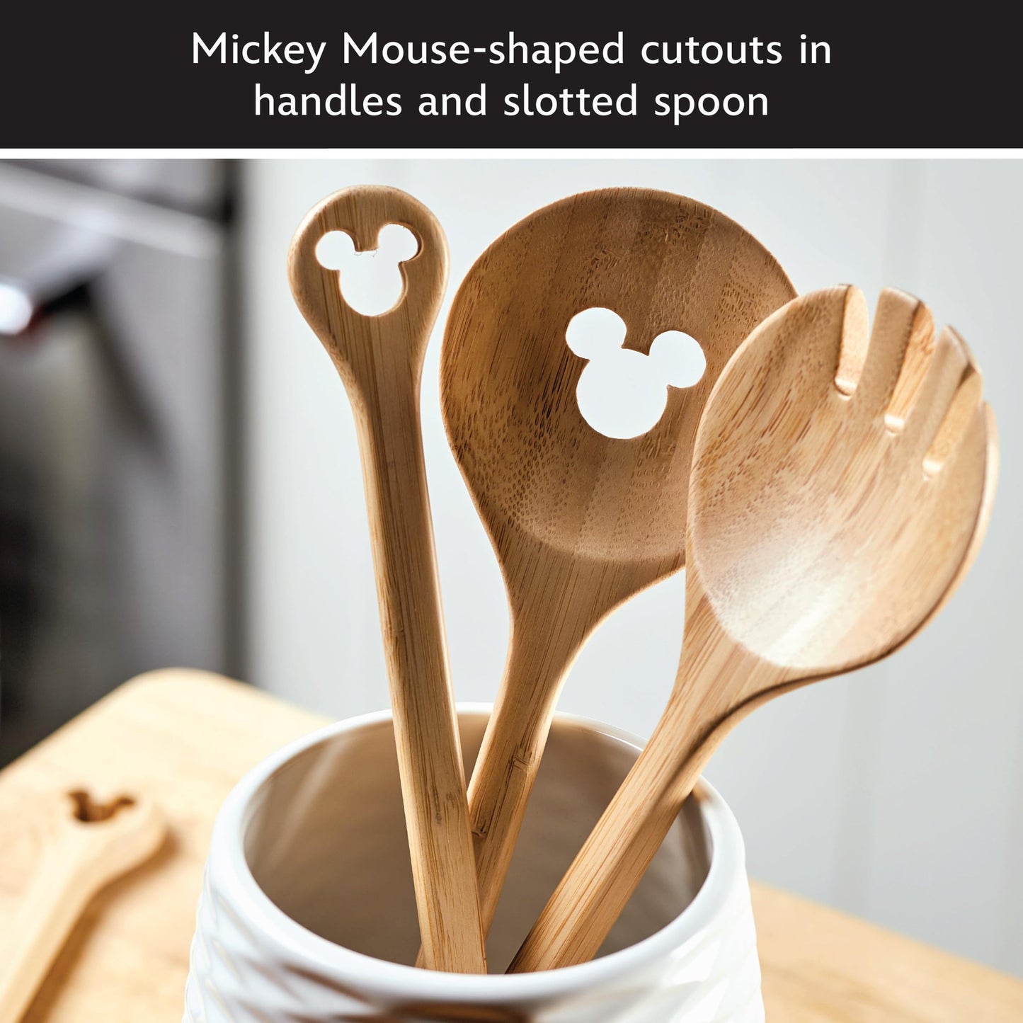Disney Home Monochrome Bamboo Salad Server/Wood Serving Utensils with Salt and Pepper Grinder Set, 4 Piece - Bamboo
